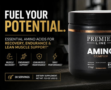 Premier Line Amino Complex essential amino acid supplement for muscle recovery, endurance, lean muscle maintenance, and athletic performance, displayed in a premium gym environment with fitness equipment.