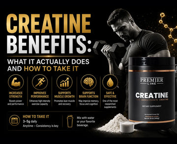 Premium fitness infographic on a black background featuring Premier Line Creatine Monohydrate. A muscular athlete performs a dumbbell curl beside the creatine container, while a gold molecular structure reinforces the science behind the supplement.