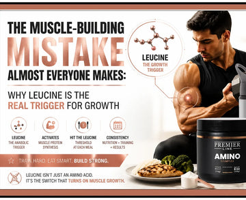 Athletic man performing a dumbbell curl beside Premier Line Amino Complex, illustrating how leucine activates muscle protein synthesis and supports lean muscle growth, strength training, and post-workout recovery.