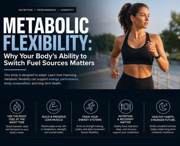 Athletic woman running outdoors representing metabolic flexibility, energy, performance, muscle health, and healthy aging.