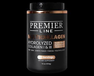 Premier Line Multicollagen supplement powder jar for daily collagen support and wellness routine