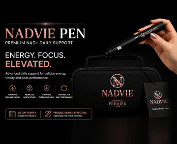 Premier Line NADVIE Pen premium NAD+ delivery system displayed with its branded cooling travel case on a black background.