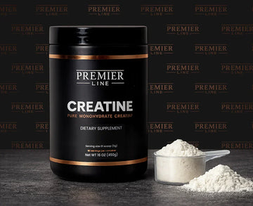 Creatine Monohydrate supplement powder by Premier Line in black jar for strength, power, and workout performance