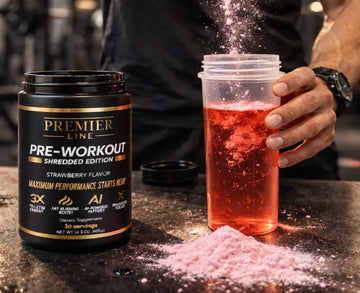 Premier Line pre-workout supplement container designed to complement an active fitness routine.