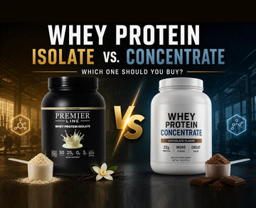Comparison between Premier Line Whey Protein Isolate and Whey Protein Concentrate in a modern gym setting.