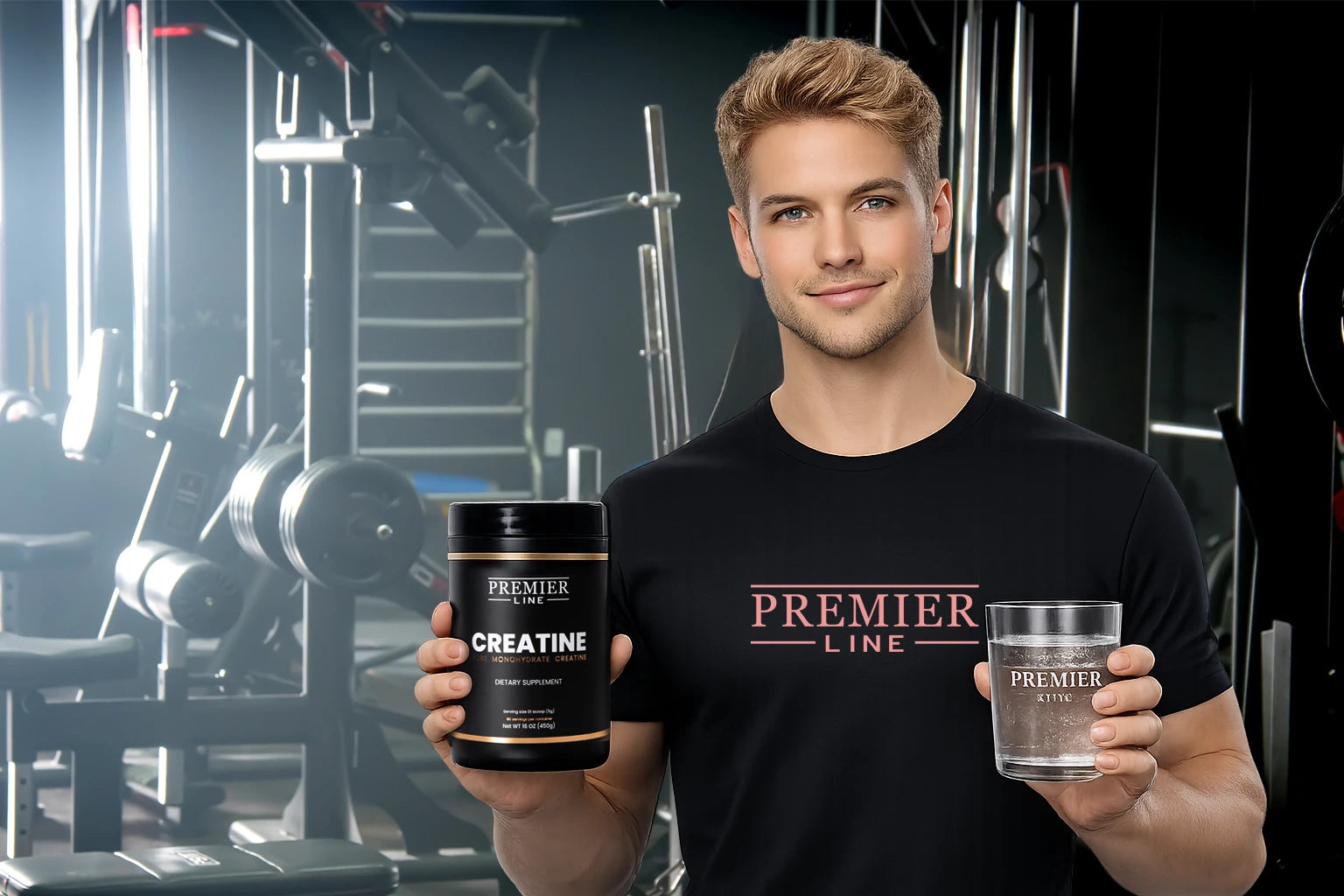 Premier Line creatine supplement container label close-up sports nutrition product