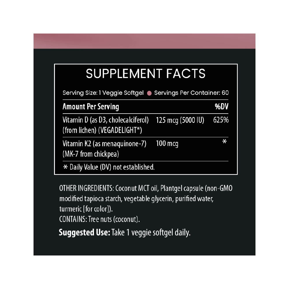 Vitamin D3 + K2 Supplement Facts label