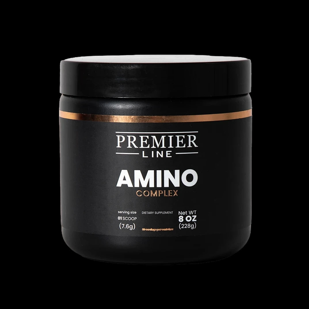 Premier Line Amino Complex with essential amino acids designed to support muscle recovery, endurance, performance, and daily protein nutrition.