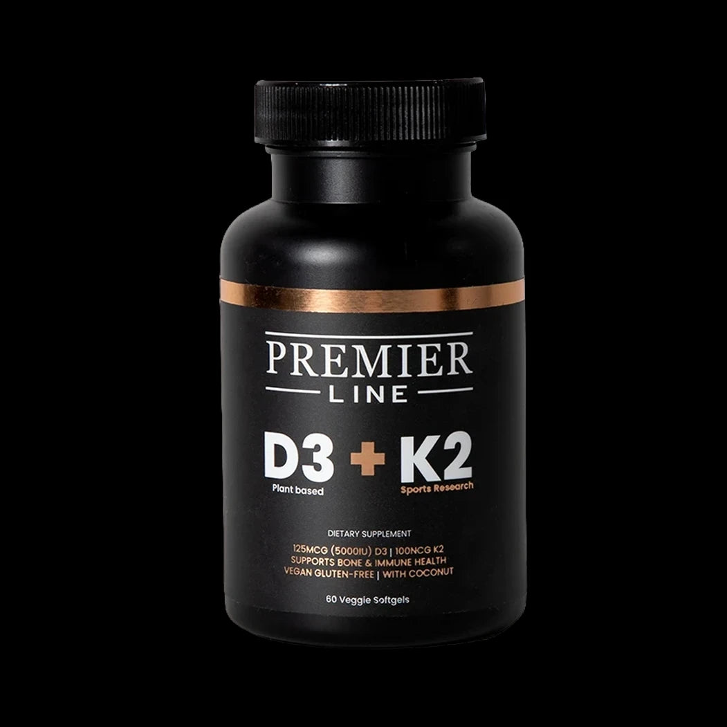 Premier Line Vitamin D3 + K2 supplement formulated to support bone strength, immune health, calcium absorption, and cardiovascular wellness.