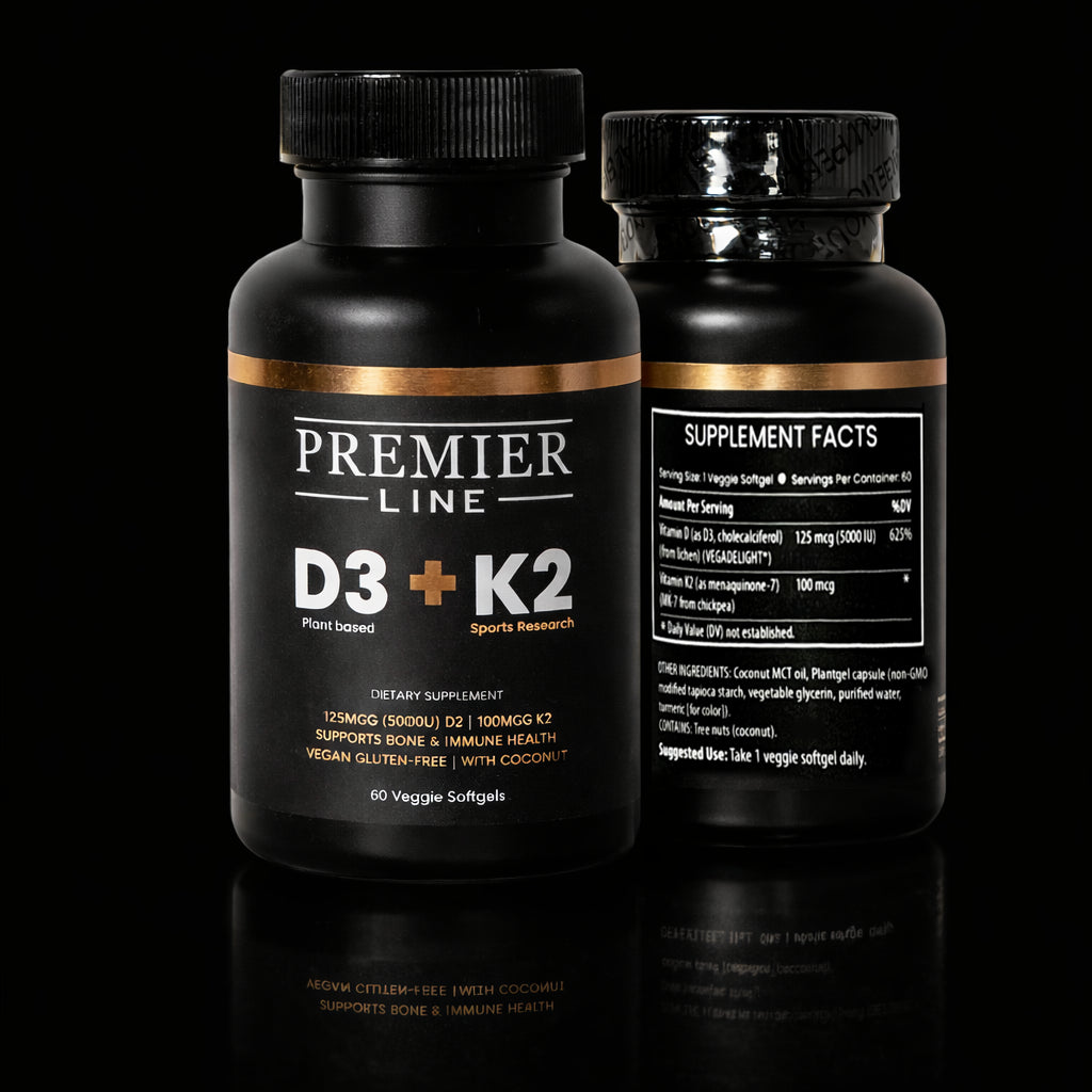 Premier Line Vitamin D3 K2 capsules dietary supplement label close-up