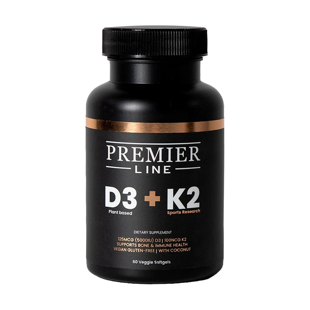 Vitamin D3 + K2 plant-based softgels bottle by Premier Line, 60 servings