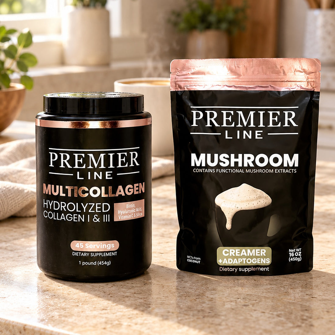 Premier Line Mushroom Creamer and Multi-Type Collagen side by side on a light kitchen counter in morning light