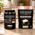 Premier Line Mushroom Creamer and Multi-Type Collagen side by side on a light kitchen counter in morning light