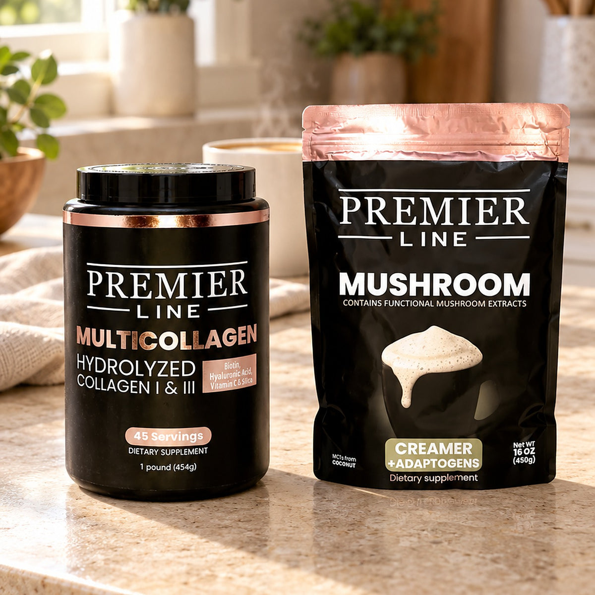 Premier Line Mushroom Creamer and Multi-Type Collagen side by side on a light kitchen counter in morning light