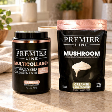 Premier Line Mushroom Creamer and Multi-Type Collagen side by side on a light kitchen counter in morning light