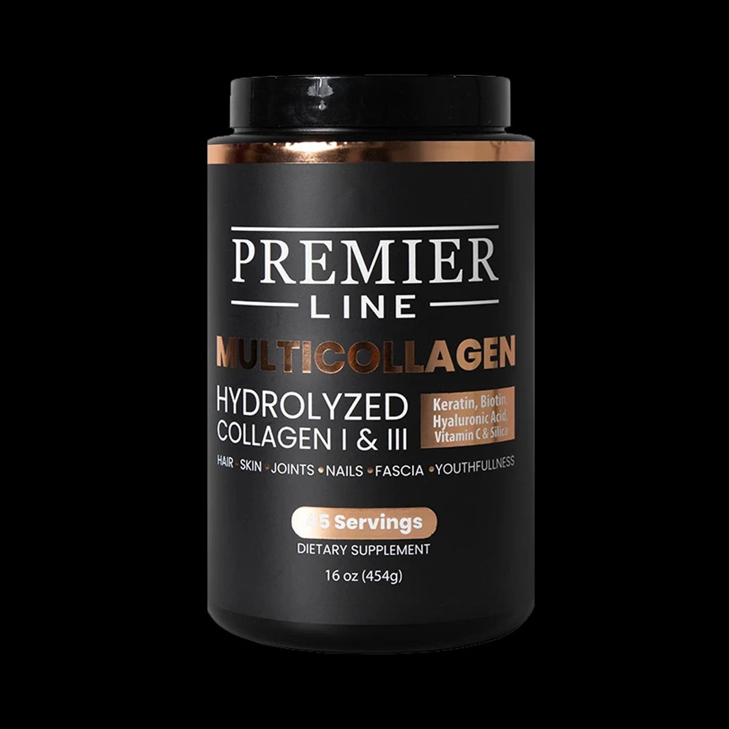 Premier Line MultiCollagen supplement featuring hydrolyzed collagen peptides formulated to support healthy skin, joints, hair, nails, and connective tissue.