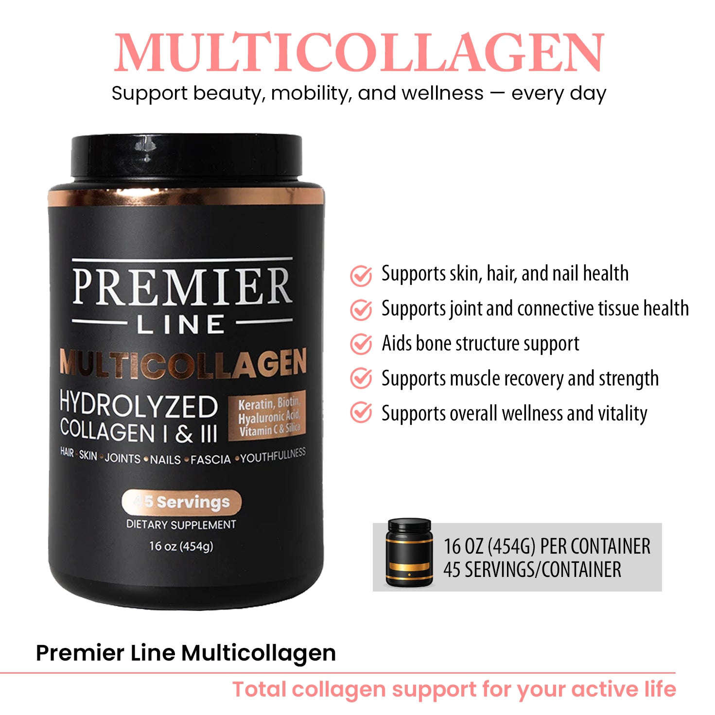 Multicollagen supplement powder by Premier Line for skin joint and bone support