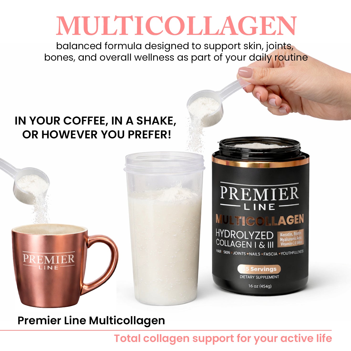 Multicollagen powder supporting skin joints and overall wellness