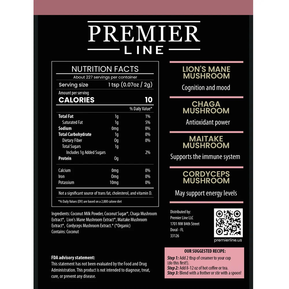 Mushroom Creamer Nutrition Facts label