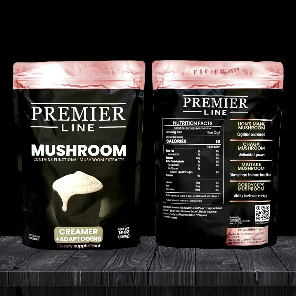 Premium mushroom creamer supplement by Premier Line with adaptogens for focus and immune support