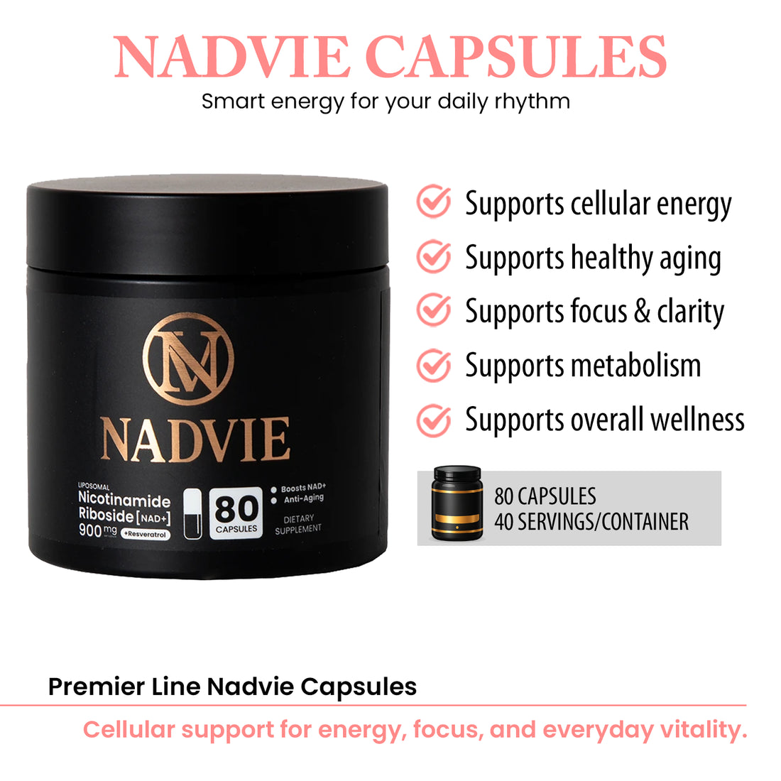Nadvie Capsules NAD support supplement by Premier Line for cellular energy and wellness