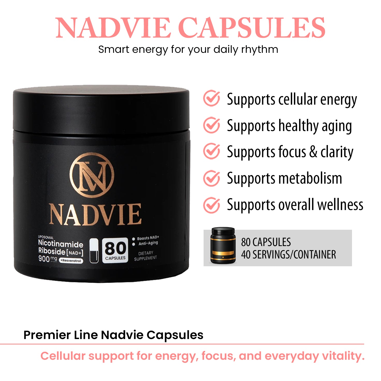 Nadvie Capsules NAD support supplement by Premier Line for cellular energy and wellness
