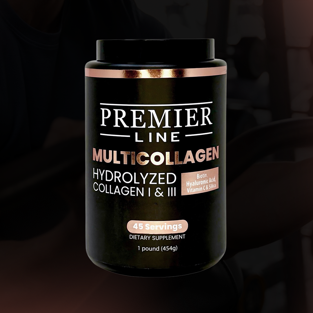 Premier Line Multicollagen supplement container with hydrolyzed collagen blend
