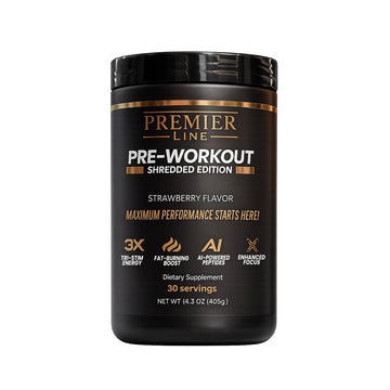 Black and gold Premier Line Pre-Workout container on white background – high-intensity training supplement