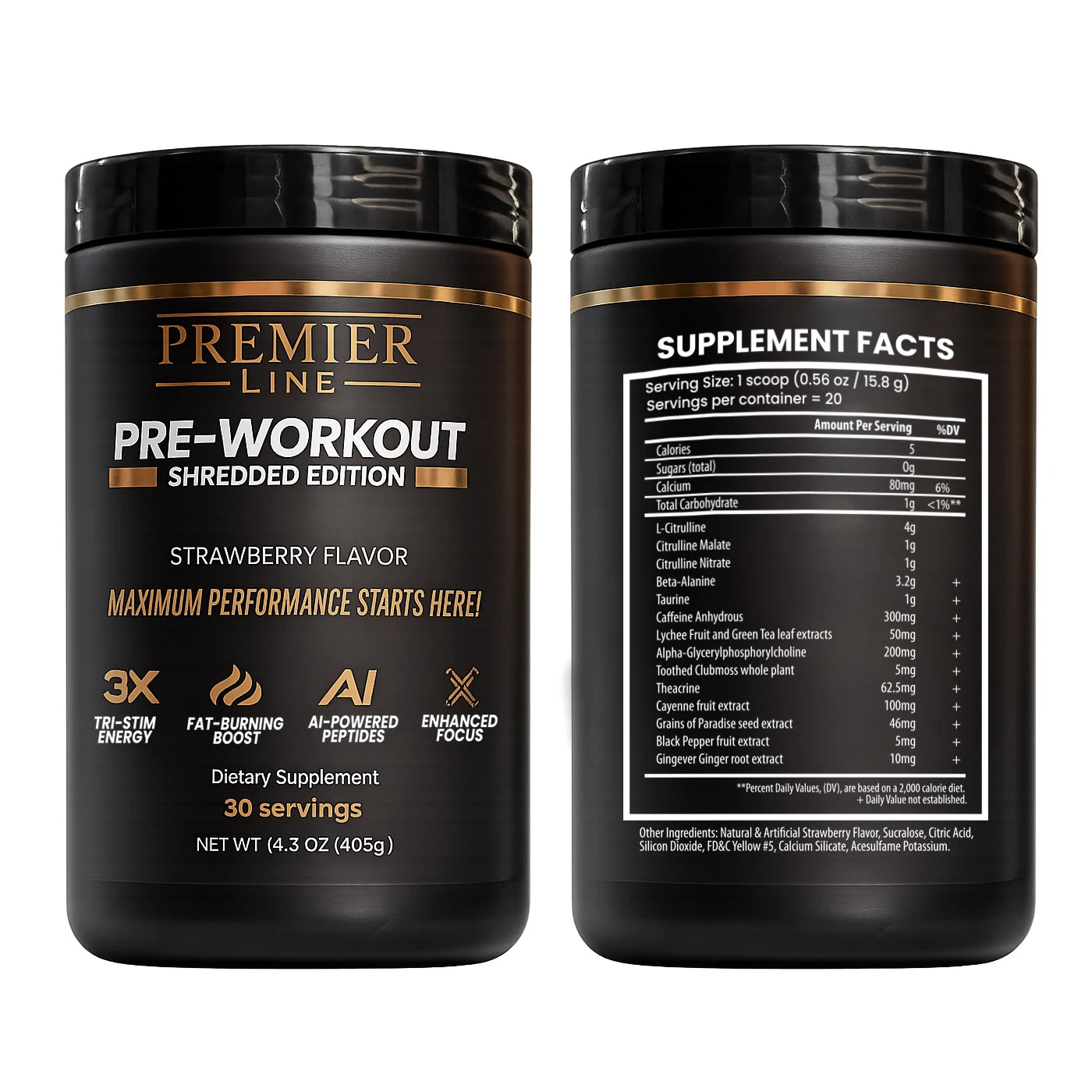 Premier Line Pre-Workout powder supplement with strawberry flavor – performance and focus support