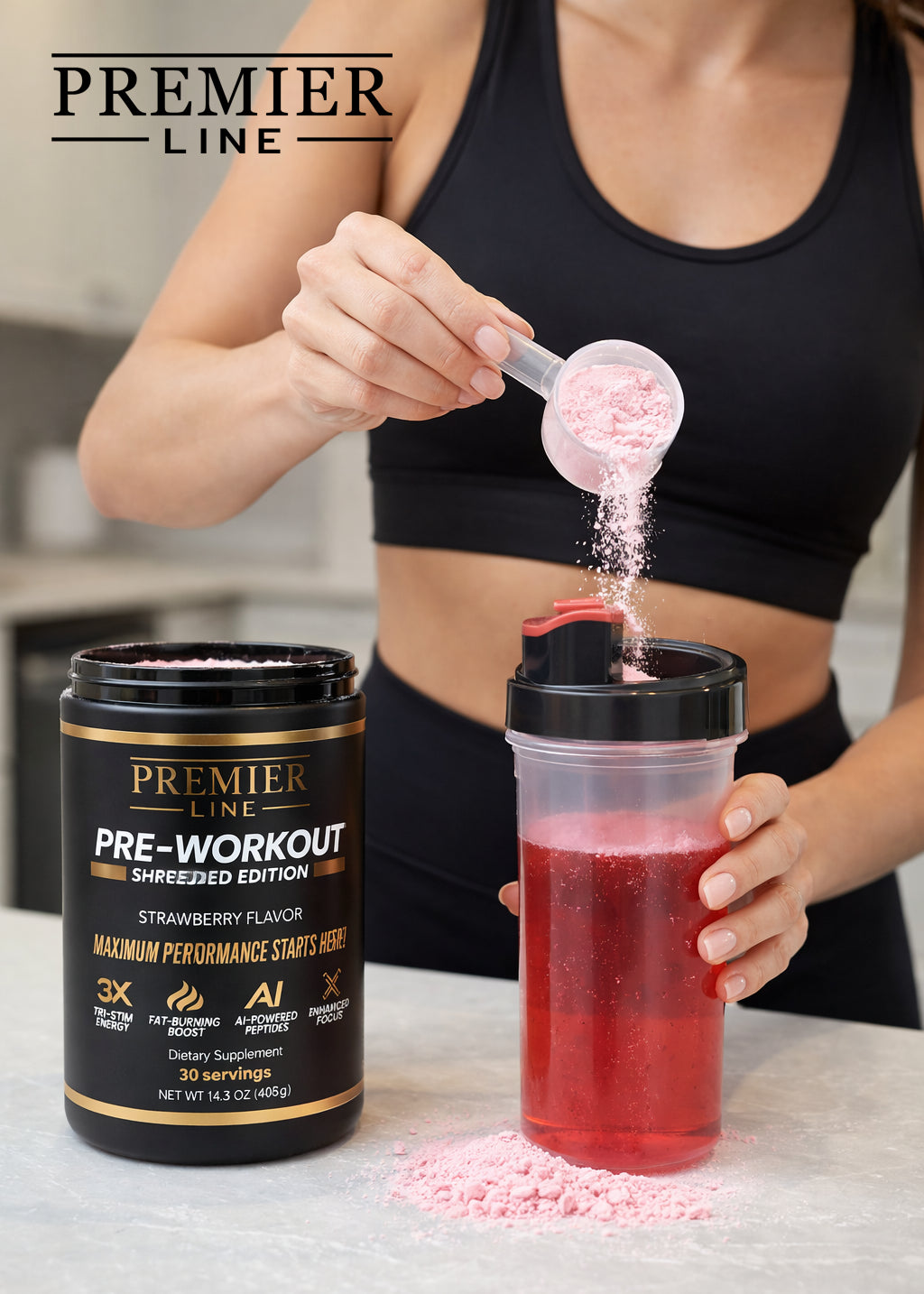Premier Line Pre-Workout supplement jar with metallic gold band – strawberry flavor, 30 servings