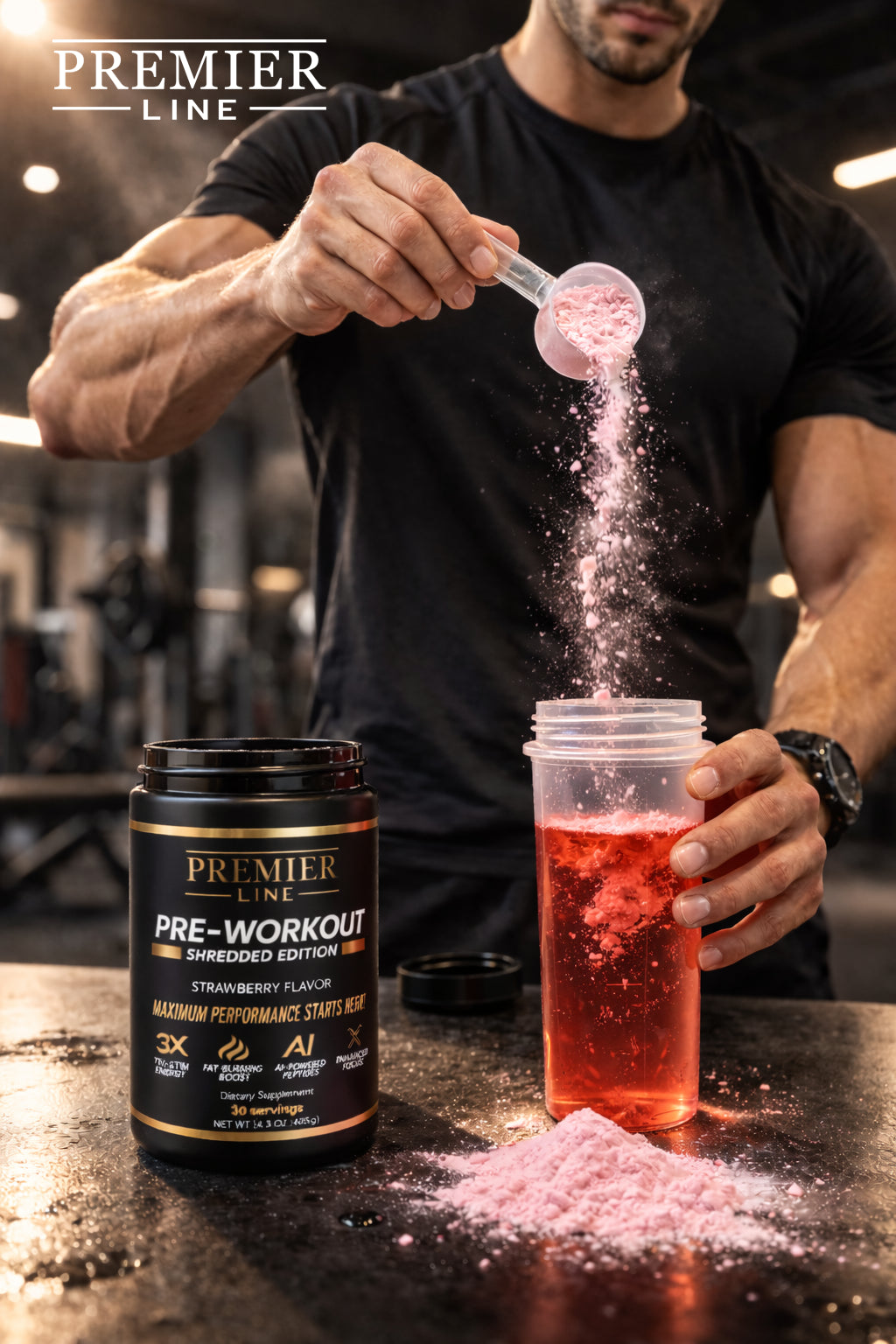 Premier Line Pre-Workout powder container designed to support energy, focus, and workout performance
