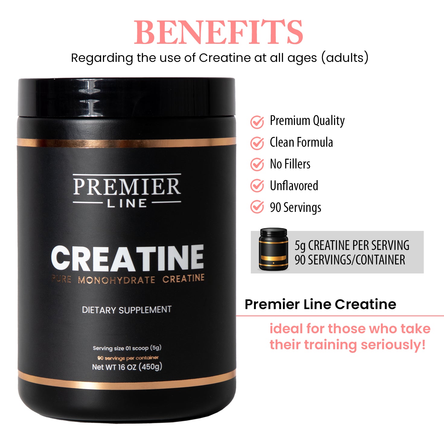 Premier Line Creatine Monohydrate powder supplement, 90 servings, black container with gold label.