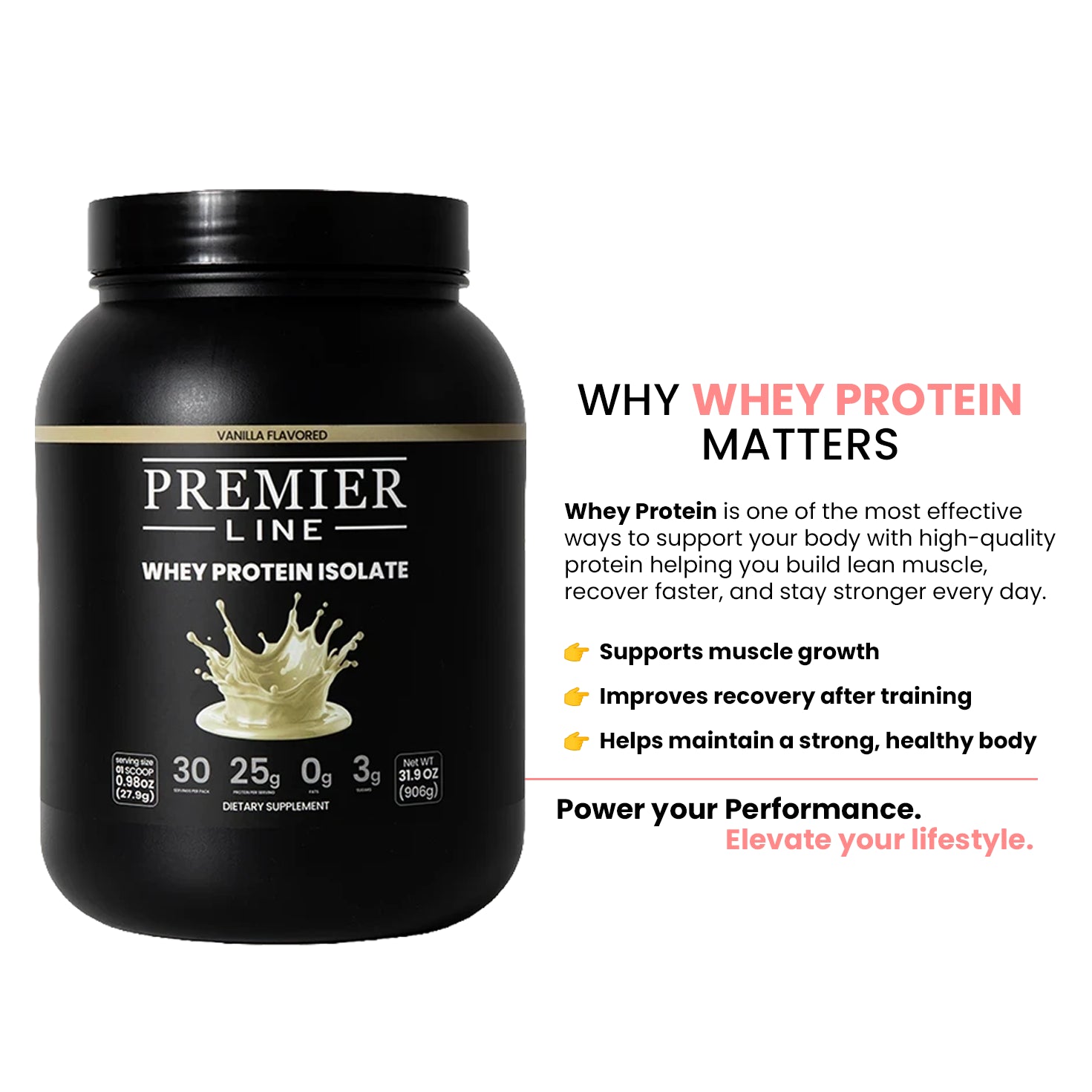 Whey protein isolate supplement powder by Premier Line for muscle recovery and performance
