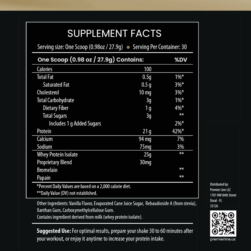 Whey Protein Isolate Supplement Facts label