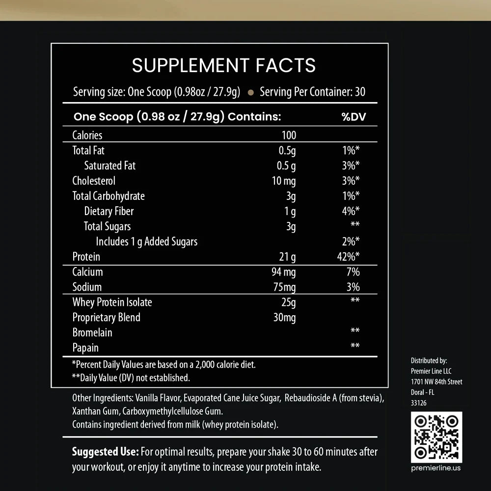 Whey Protein Isolate Supplement Facts label